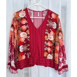 JW Style Womens XS Red Floral Paisley V-Neck Bell Sleeve‎ Boho Blouse Top